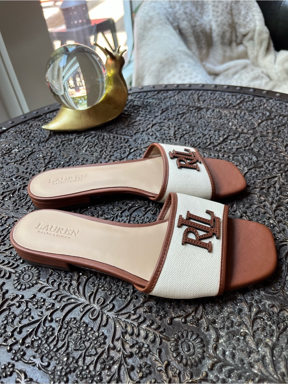 NEW LAUREN RALPH LAUREN EVERLEY LEATHER TRIM SLIDE SANDALS 5.5 - Picture 6 of 11